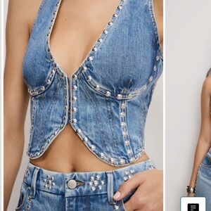 NEW GOOD AMERICAN STUDDED CORSET PLUNGE TOP Denim Vest in Indigo895